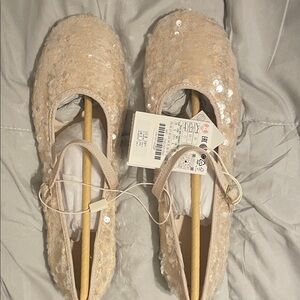 Zara Sequin Embellished Flats - Cream